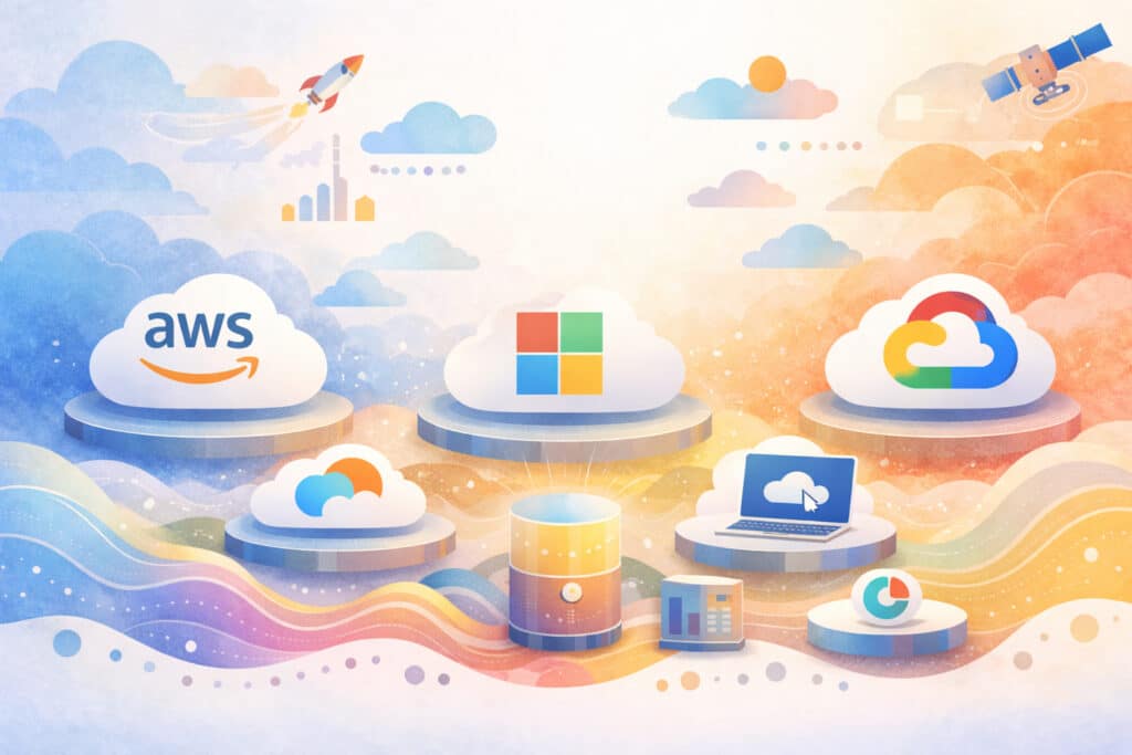Illustration of AWS, Microsoft Azure, and Google Cloud logos on cloud platforms with surrounding tech icons including rockets, satellites, databases, and analytics charts in soft watercolor style.
