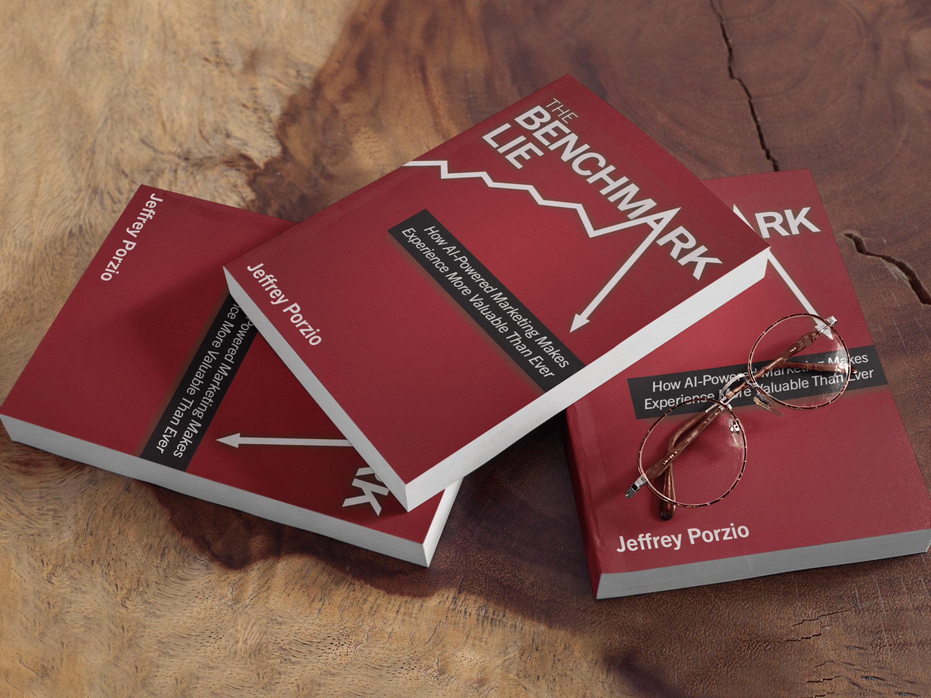 The Benchmark Lie book by Jeffrey Porzio with reading glasses on wooden table